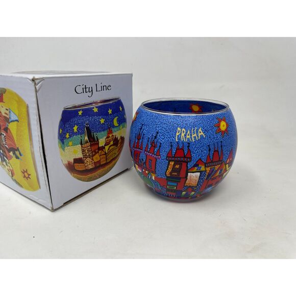 Vintage Sicherheitshinweis Glass Candle Holder CITY LINE Glowing Globes Praha - Picture 7 of 11